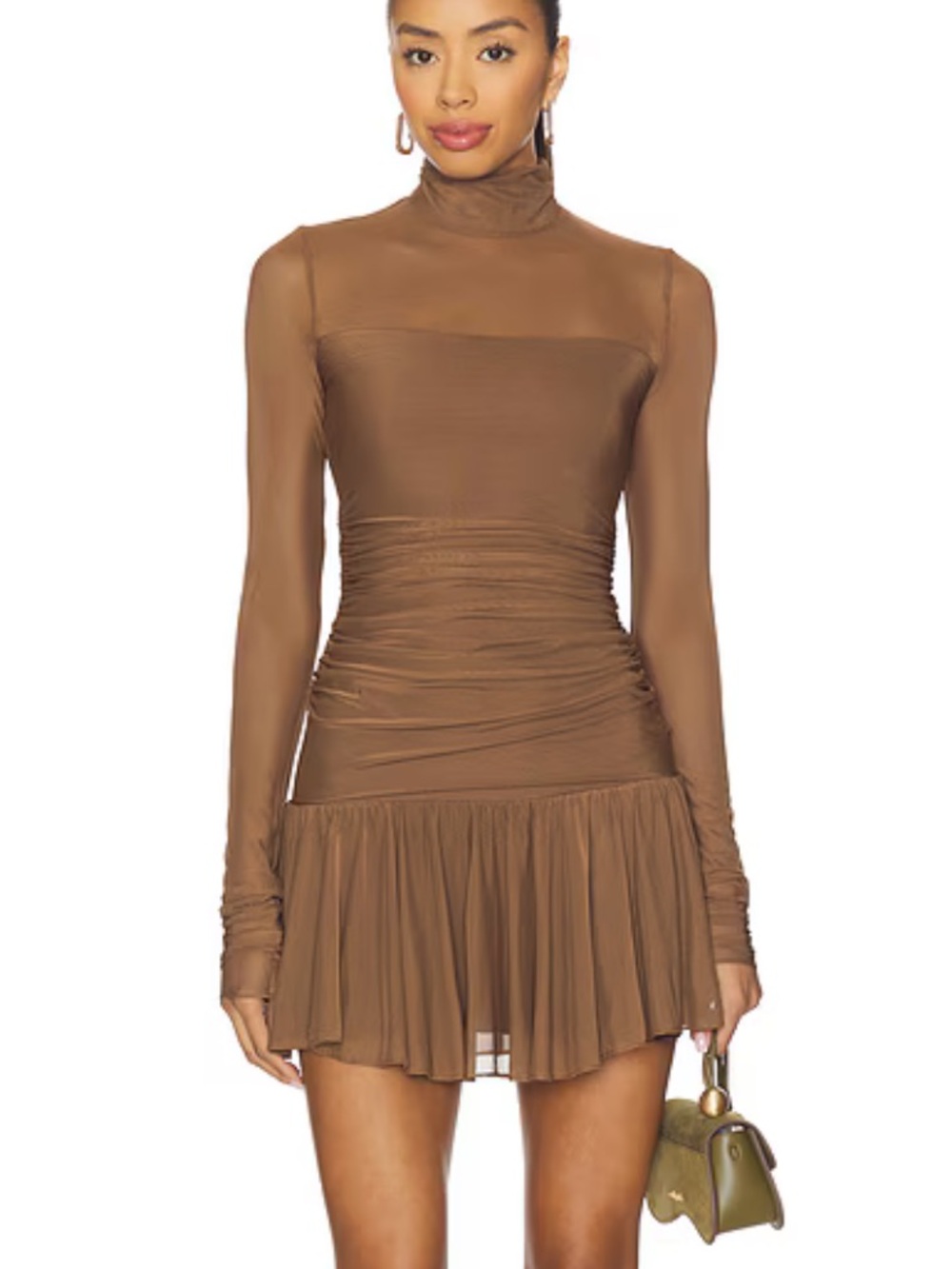 Amanda Uprichard Rumi Dress Mocha brown mini Long Sleeve Ruched Revolve S
